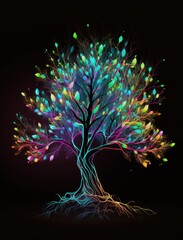 a portrait futuristic tree with neon-colored leaves and branches, set against a dark, abstract neon design of a glowing, abstract background, AI Generative