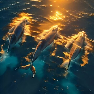Majestic trio of whales bathed in the golden light of sunset. high-resolution, tranquil sea life image. generative AI
