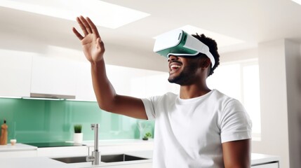 Young African American Man Exploring Virtual Reality in Modern Kitchen Setting