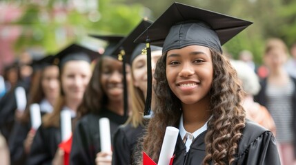 Smiling Young African American Female Graduate Celebrating Academic Success with Classmates Outdoors. Horizontal high school graduation concept. copy space