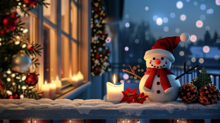 Festive Winter Evening with Snowman, Candles, and Christmas Decorations by the Window. Horizontal Christmas and new year concept. copy space.