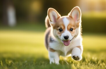 Happy corgi puppy runs on the green grass on a summer day