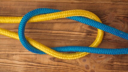 Obraz premium Yellow and blue colored ropes twisted and tied up creating knot, isolated on wooden background, close up shot. Two ropes tied in a knot, top view.