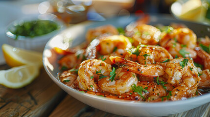 A plate of shrimp with lemon wedges and parsley. The shrimp is cooked and seasoned, and the lemon...