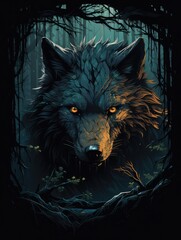a closeup wolf prowling through a dark forest, capturing the stealth and predatory instincts of these nocturnal hunters, AI Generative