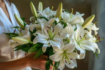 Fototapeta premium A woman holds a bountiful bouquet of pure white lilies