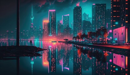A portrait ethereal neon cityscape at night, with a dreamy vibe, featuring vivid colors and intricate details, reminiscent of cyberpunk and vapor wave aesthetics, AI Generative