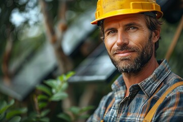 Serene looking contractor wearing a safety helmet posing near solar panels in the forest - obrazy, fototapety, plakaty