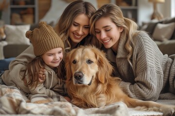 Family and Pet Dog Enjoying Cozy Moment - 796813166