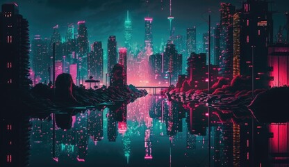 An illustration ethereal neon cityscape at night, with a dreamy vibe, featuring vivid colors and intricate details, reminiscent of cyberpunk and vapor wave aesthetics, AI Generative