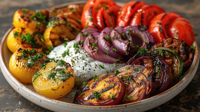 A clean and uncluttered photograph of a plate of grilled vegetables with herbed yogurt dip.
