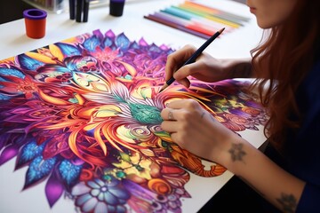 Artist drawing a colorful mandala design - 796813932