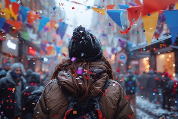 A person stands amidst a joyful cascade of colorful confetti, capturing a moment of urban celebration and excitement