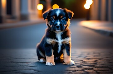 Lonely sad puppy of black color is sitting on an asphalt road in dark against background of street lamp, concept of lost animals, waiting for owners, street and stray mutt, homeless dog