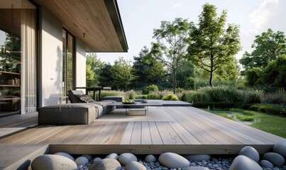 A modern house wooden terrace in the backyard