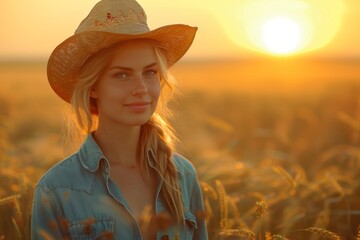 Blonde woman in cowboy hat at sundown - 796814366