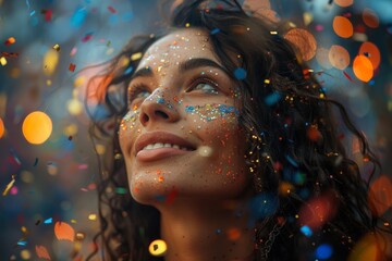Close-up portrait of a smiling young woman with glitter makeup, experiencing the joy of confetti rain