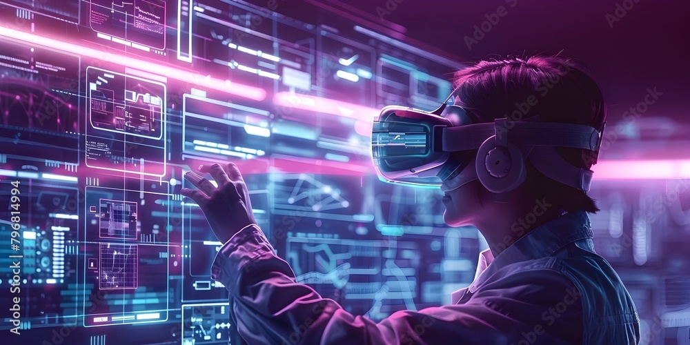 Poster engineer using virtual reality to simulate futuristic designs and solutions for innovative problem s