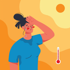 Young woman suffering from heat stroke symptoms. Unbearable hot summer. Flat vector illustration of summer heat wave