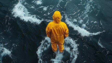 A person in yellow rain suit standing on top of a body of water, AI - Powered by Adobe