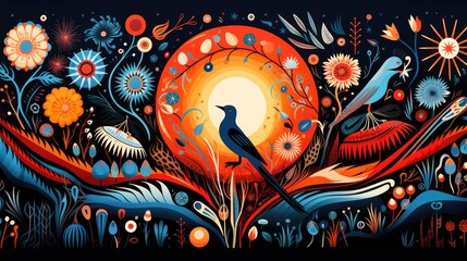 An illustration featuring a colorful circular composition of animals, flowers, and small shapes in the style of irregular organic forms inspired by the traditional oceanic art, AI Generative