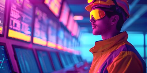 Obraz premium Air Traffic Control Specialist Utilizes Augmented Reality for Enhanced Monitoring and Management of Futuristic Transportation Infrastructure