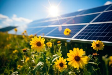Solar panels and sunflowers in a field - 796815543