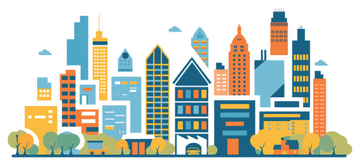 Colorful Cityscape Panorama: Urban Silhouette Illustration - Transparent Background