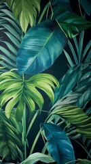 A vibrant tropical leaf pattern wallpaper in bold greens and blues