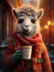 Fototapeta premium a portrait llama with warm red coat and a cup, AI Generative