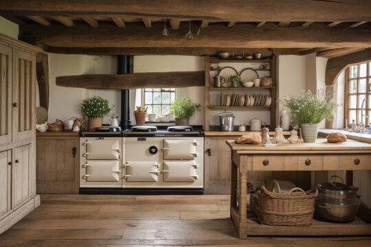 A rustic farmhouse kitchen with exposed wooden beams