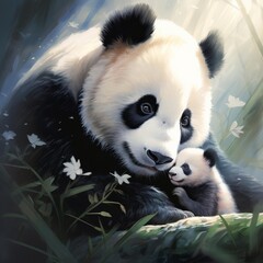 A panda mother tenderly caring for her newborn cub in a safe