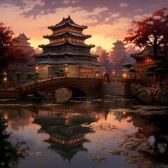 A majestic imperial palace at dusk