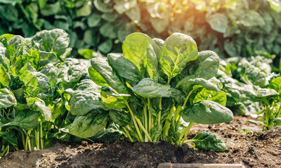 Spinach growing from the rich soil off a garden on a fram