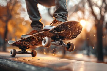 A visually arresting image of a skateboarder's trick with the skateboard in mid-air, set against a sunset
