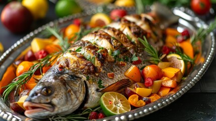 Luxurious grilled dorado on silver platter with exotic fruits and veggies for a lavish dining affair