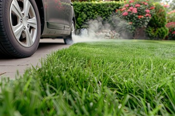 car exhaust gases on the green lawn and flowers. Harmful car emissions