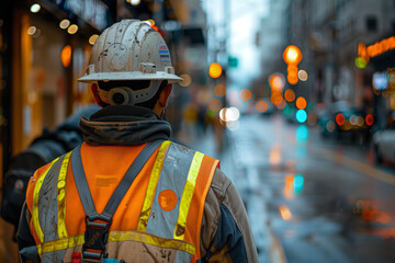 Worker in reflective vest in city at dusk - 796816972