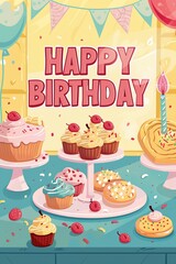 Bright and cheerful birthday card bursting with colorful cupcakes and sweet treats, perfect for a festive birthday occasion.