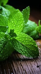 A closeup of fresh mint leaves covered in morning dew