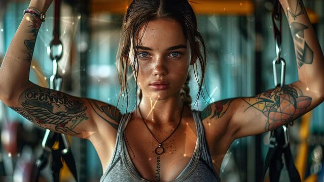 Close up image of attractive fit woman in gym. Background with flying patterns. Focus on woman. Attractive excercise sport model girl. Generate AI.
