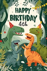 Roaring dinosaurs in party hats in a jungle setting, perfect for themed party invitations or decor for a child's fourth birthday.