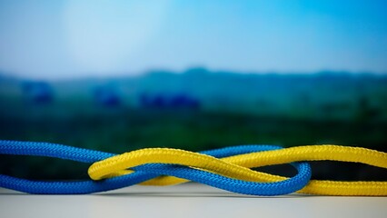 Yellow and blue colored ropes twisted and tied up creating knot against background with digital...