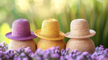 Three small hats are sitting on top of a bunch of flowers, AI