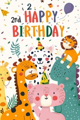 A cheerful card filled with cute animals celebrating a 2nd birthday, great for a toddler's special day.