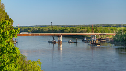 new bridge still under construction over the Missouri River near Rocheport in Missouri as seen from Katy Trail - obrazy, fototapety, plakaty