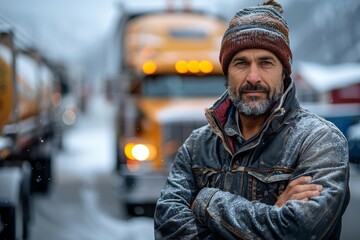 Fototapeta premium Cold weather attire is shown as man in beanie and jacket poses with snowplows in blurry background