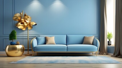 A 3drendering of the interior design of a living room including a blue sofa, beautiful paintings on the wall, a golden lamp stand, and hardwood floors