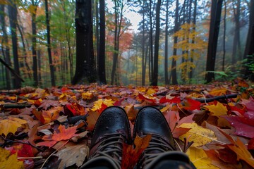 Boots forefront with fall leaves backdrop - 796818766