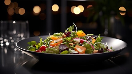 A professionally captured image of a sophisticated salad served on an elegant table with soft lighting.